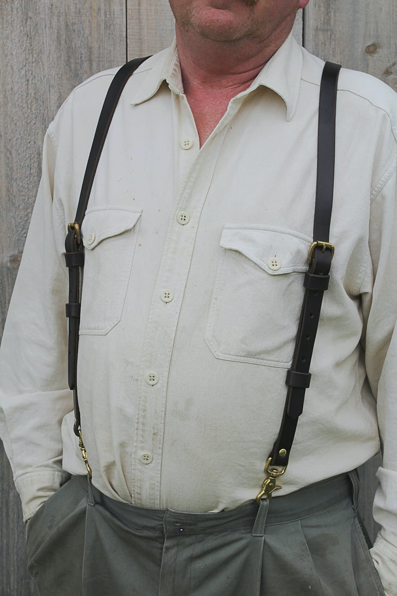 close up of man wearing Sadelmager Leather Fjord suspenders