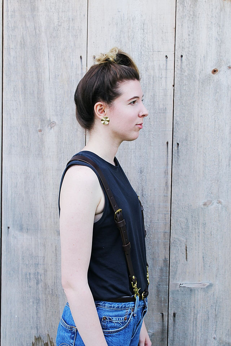 side profile of women wearing Sadelmager Leather Fjord suspenders