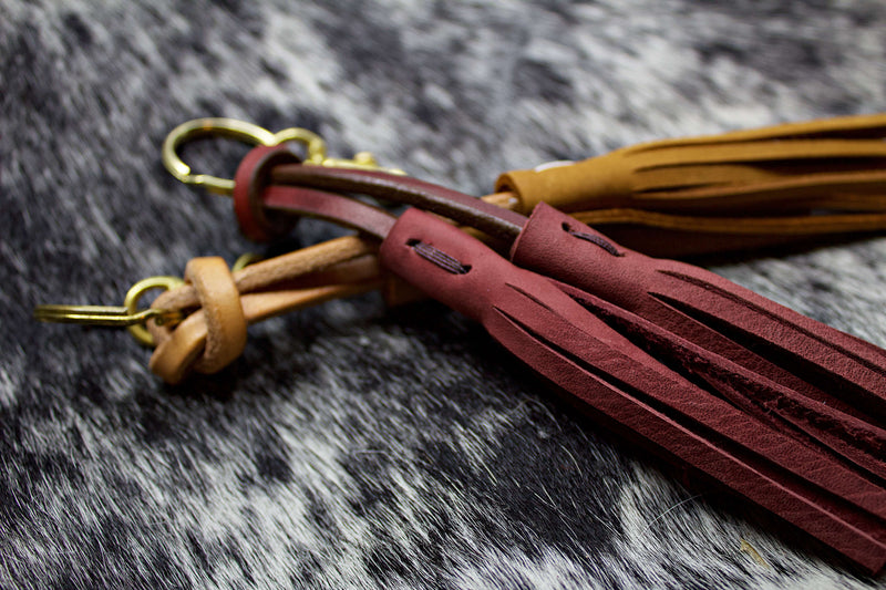 closeup noriker leather keychain in oxblood and russet