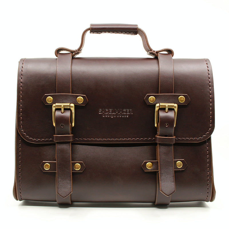 oldenburg small leather messenger bag in dark brown with brass buckles  
