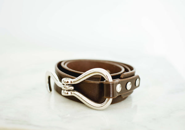 leather shire belt 1-1/4" in dark brown with stainless steel hook