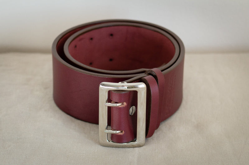 wide leather belt oxblood with steel chrome made in Canada