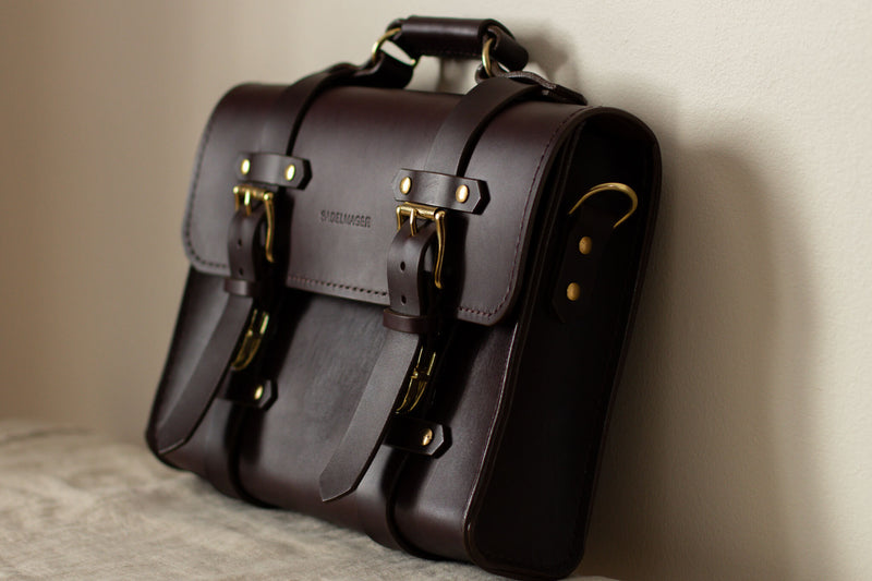dark brown leather satchel made in canada