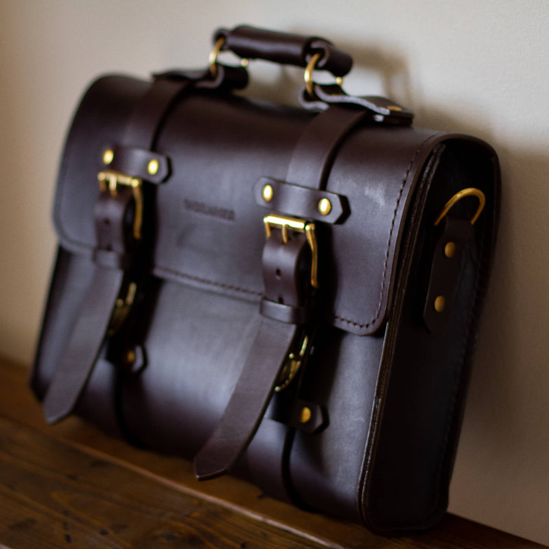 dark brown leather satchel