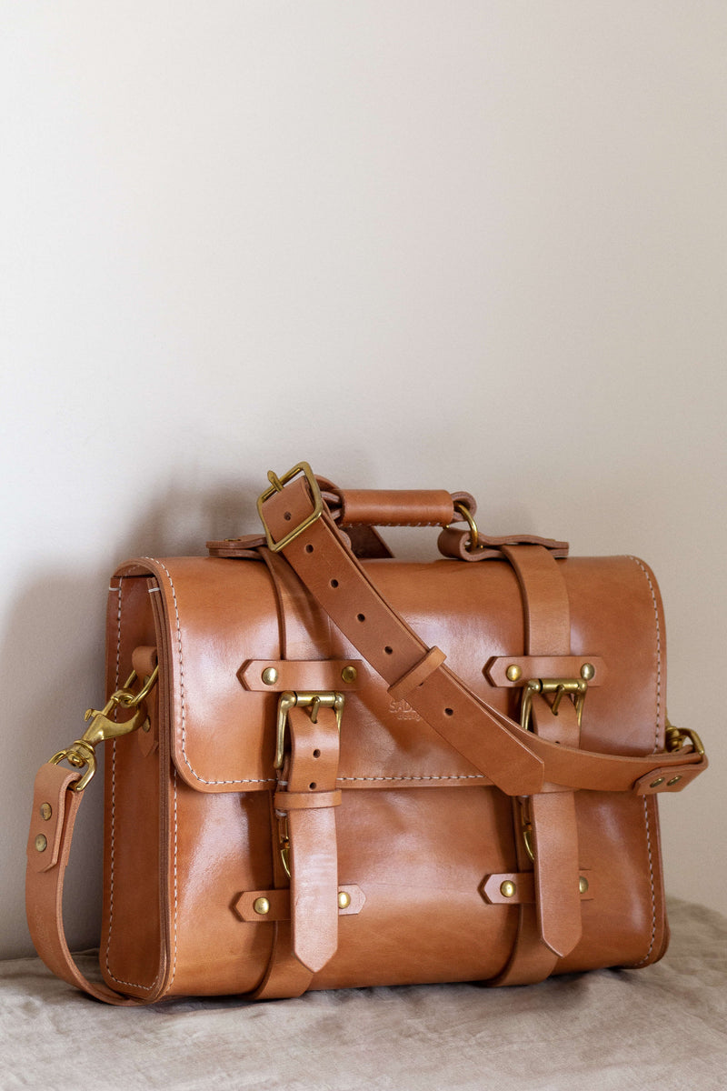 tan leather with brass satchel made in canada