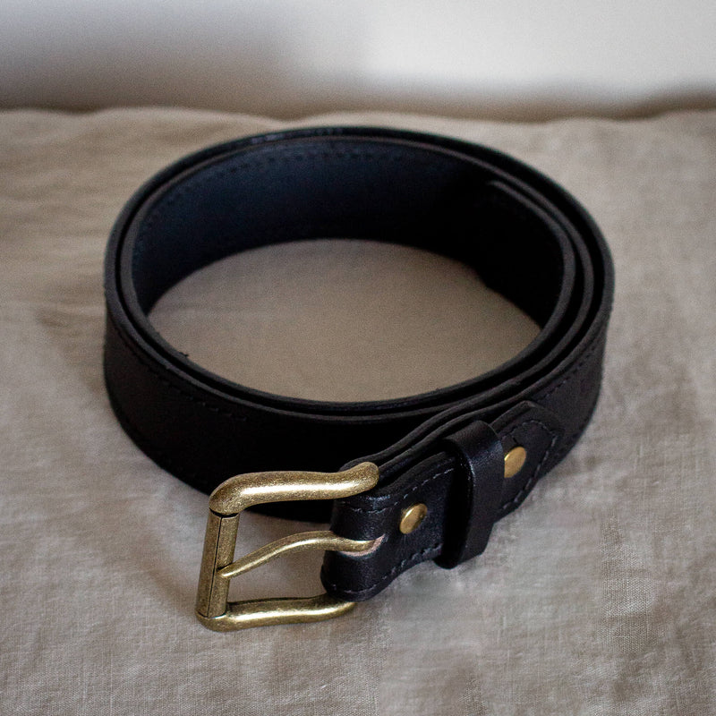 black leather belt with brass sustainable shop toronto
