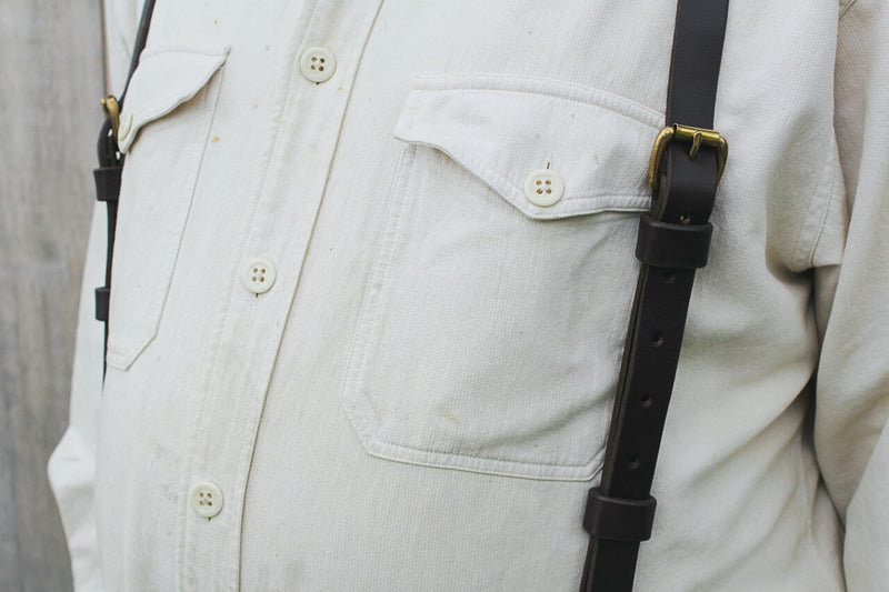 close up of brass buckles on Sadelmager Leather Fjord suspenders