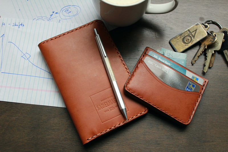 leather hunter notebook for field notes and slim wallet in Buckingham brown with credit cards and bills