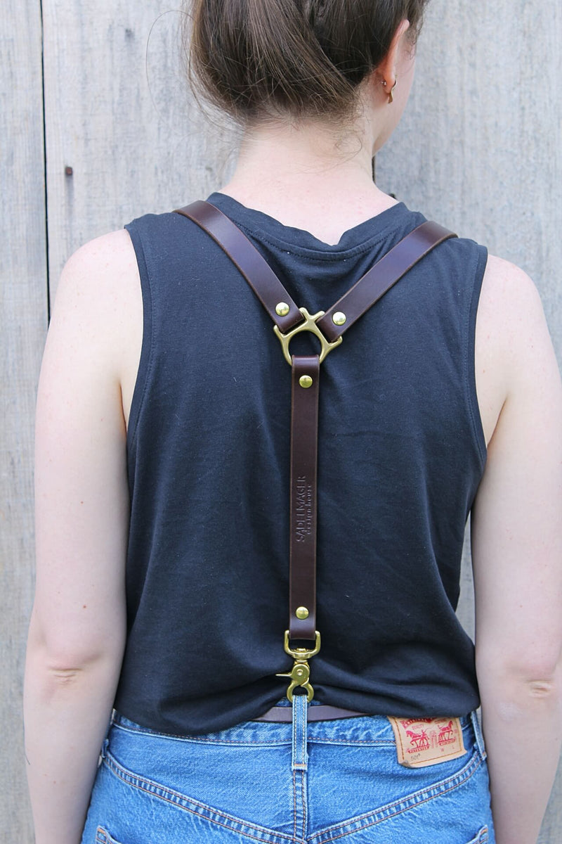 back side of women wearing Sadelmager Leather Fjord suspenders