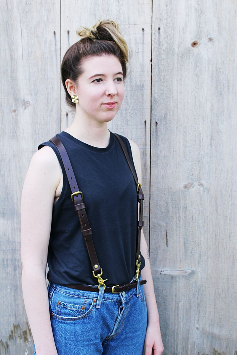 women wearing Sadelmager dark brown Leather Fjord suspenders
