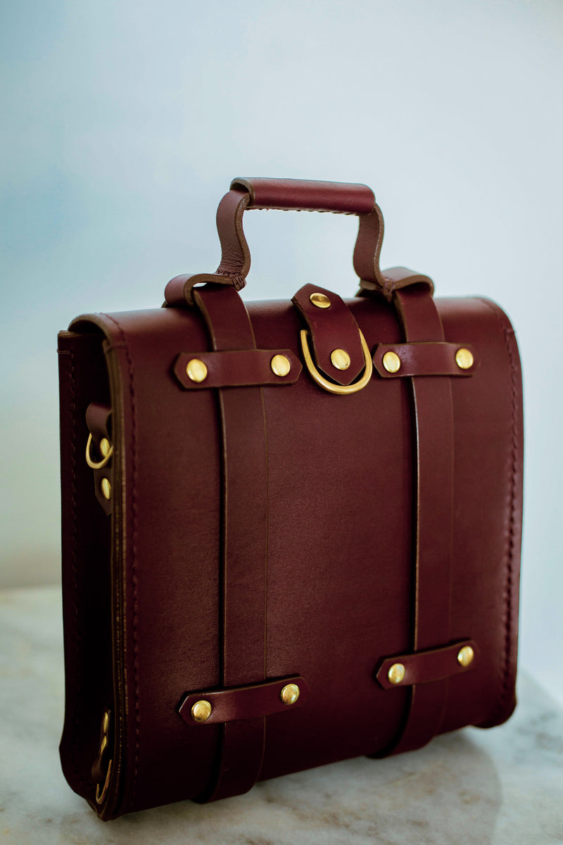 oxblood Sadelmager campus messenger with brass buckles back