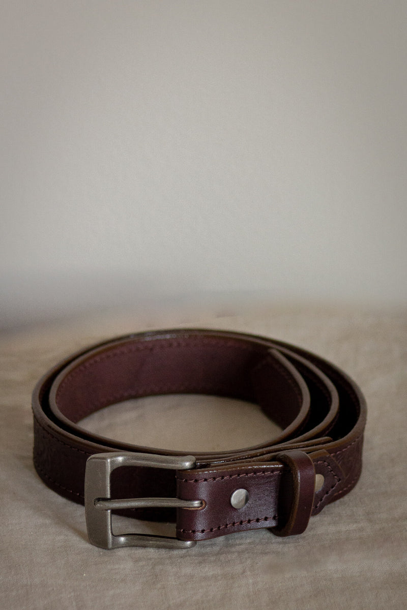 Dolehest Belt 1 - 1/2” Antiqued Steel Stitched and Maple Leaf Stamping