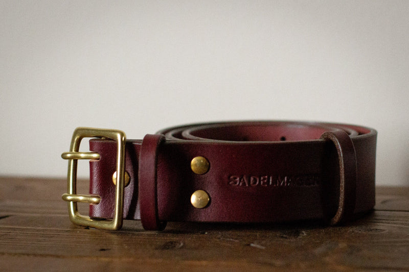 wide leather belt oxblood and brass