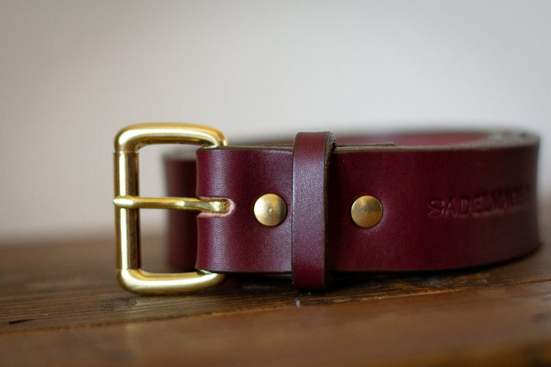 red and brass leather belt made in canada