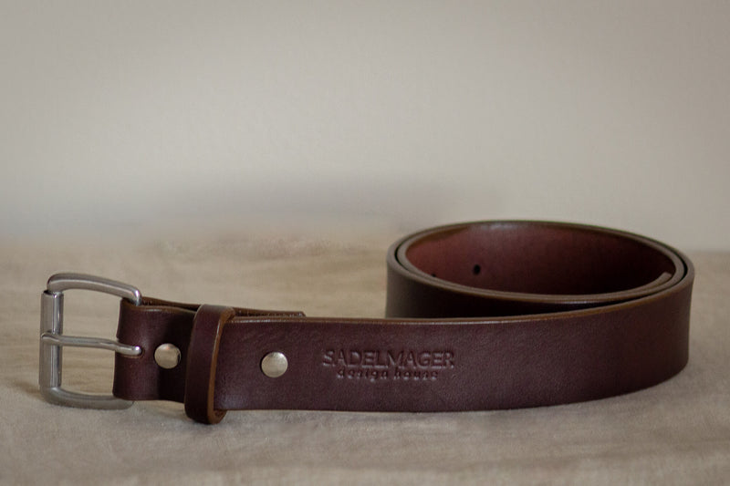 thick leather belt guaranteed for life with dark brown and stainless steel