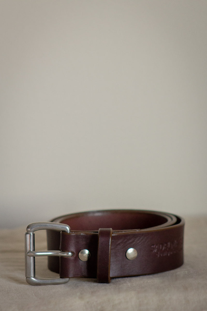 thick leather belt guaranteed for life with dark brown and stainless steel