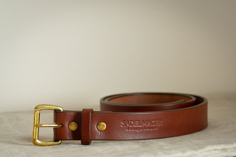 medium brown leather belt made in canada toronto with solid brass