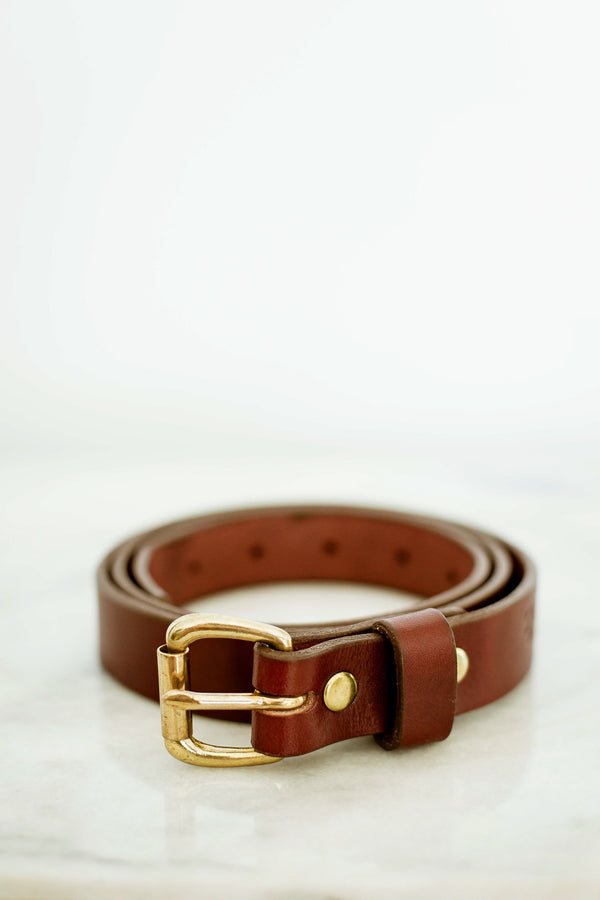 fjord leather belt made in canada in red and brass guaranteed for life