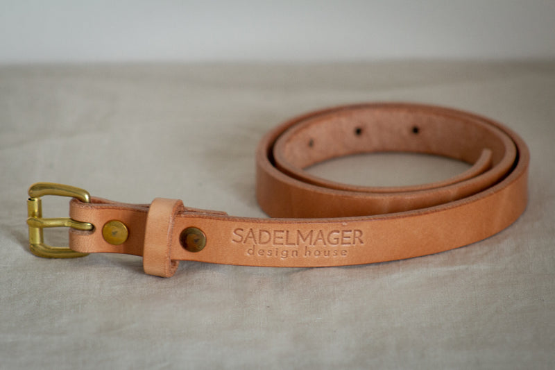 thin leather belt in tan russet leather with solid brass made in canada