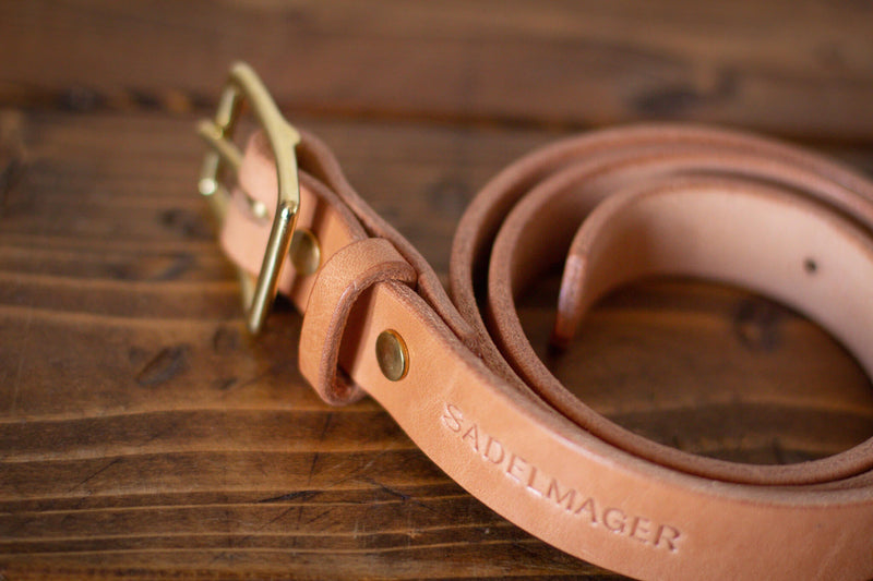 made in canada genuine solid leather belt tan and brass