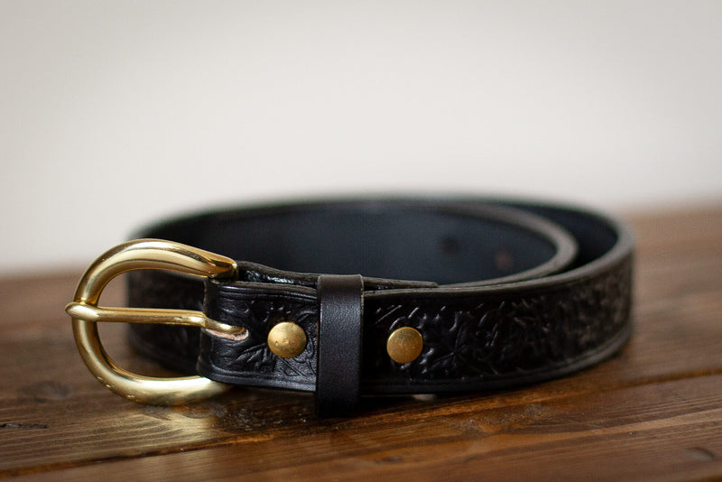 custom leather stamped belt black maple leaf pattern