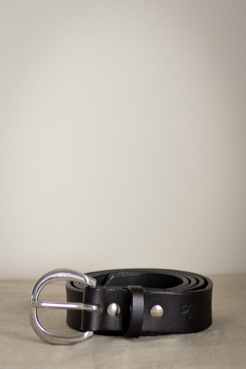 black leather belt made in canada with stainless steel guaranteed for life