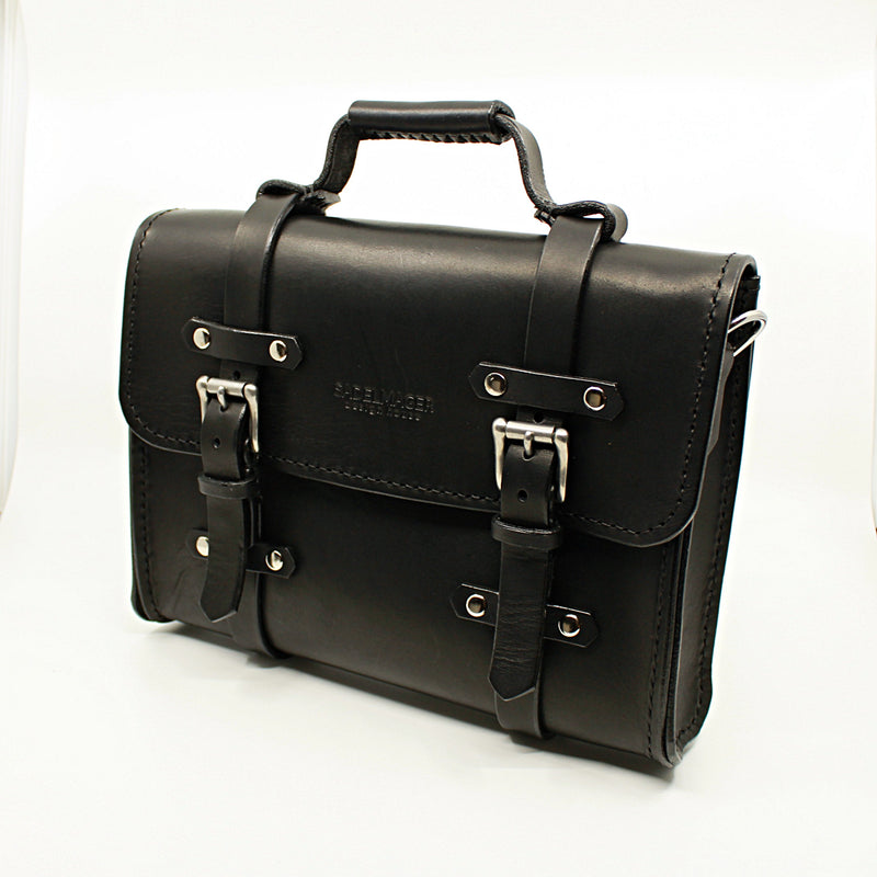 oldenburg small leather messenger bag in black with silver buckles  