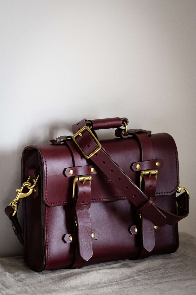 medium messenger bag satchel with crossbody strap in oxblood made in canada