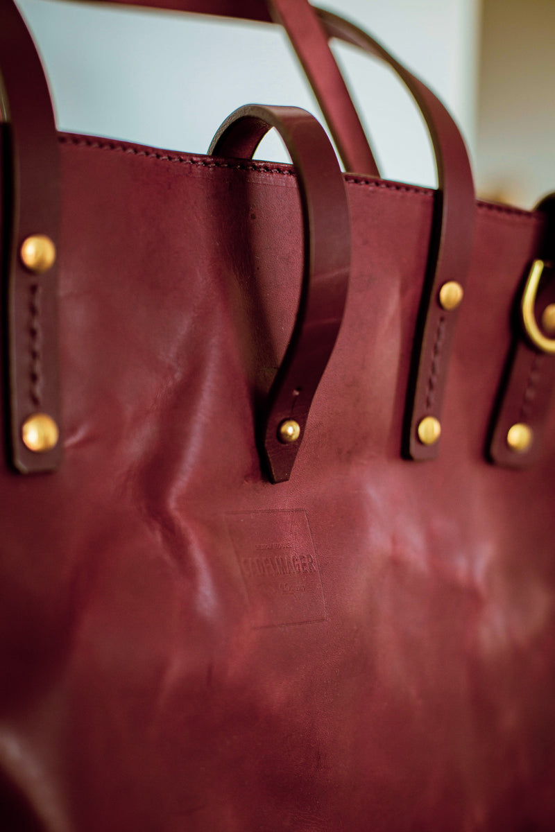 close up Shire leather tote bag in oxblood made in canada crossbody