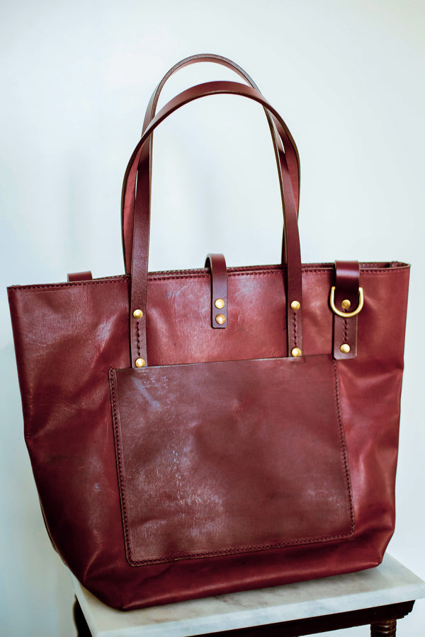 back side Shire leather tote bag in oxblood made in canada crossbody