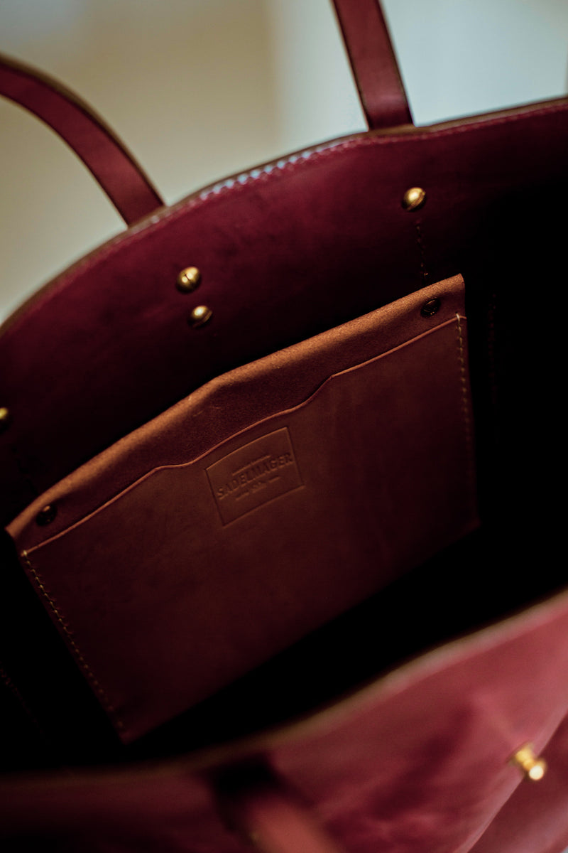 inside of Shire leather tote bag in oxblood made in canada crossbody