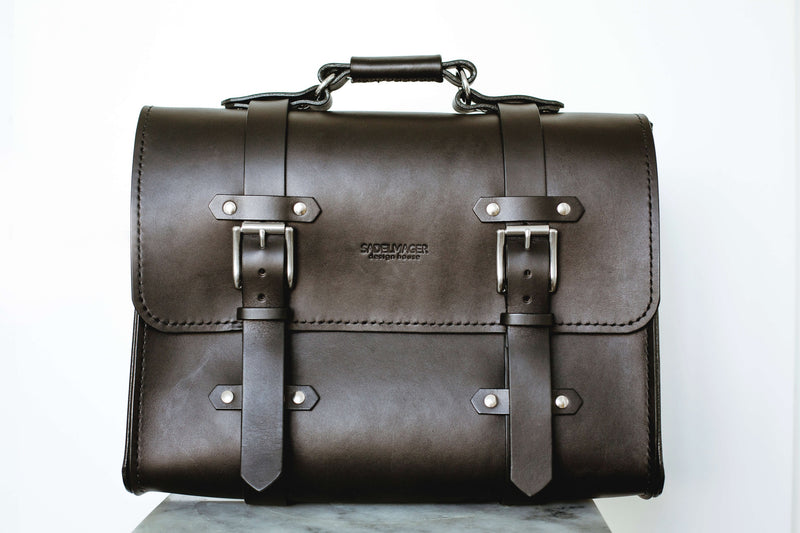 Oldenburg large leather messenger bag in black with stainless steel buckles 
