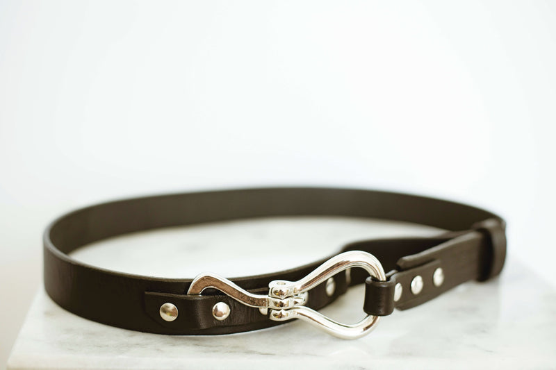 unrolled leather shire belt 1-1/4" in black with stainless steel hook