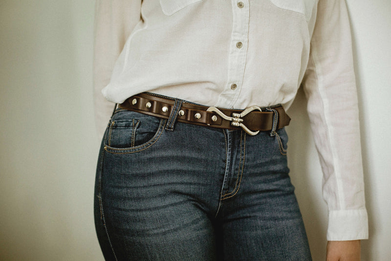women wearing leather shire belt 1-1/4" in dark brown with stainless steel hook