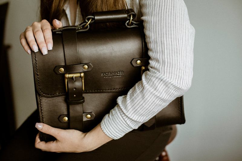 made in canada leather satchel modelled