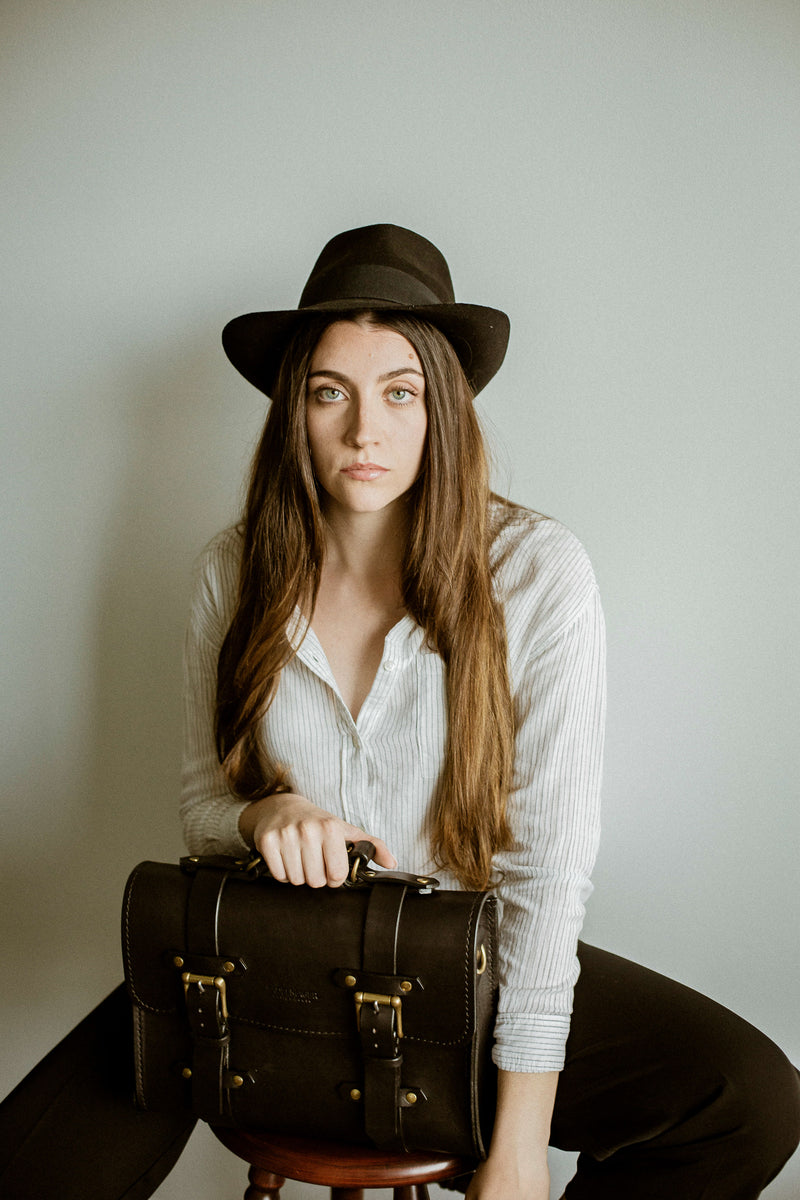 black leather satchel made in canada modelled sadelmager