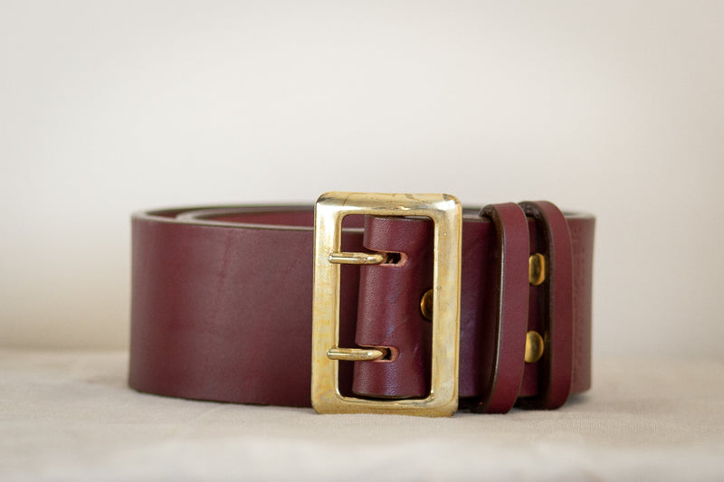 wide leather belt in red oxblood with solid brass made in canada