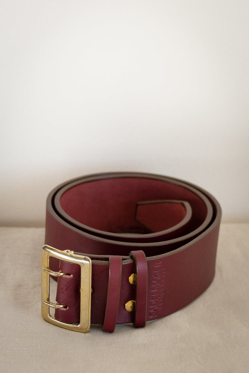 wide leather belt in red oxblood with solid brass made in canada Toronto