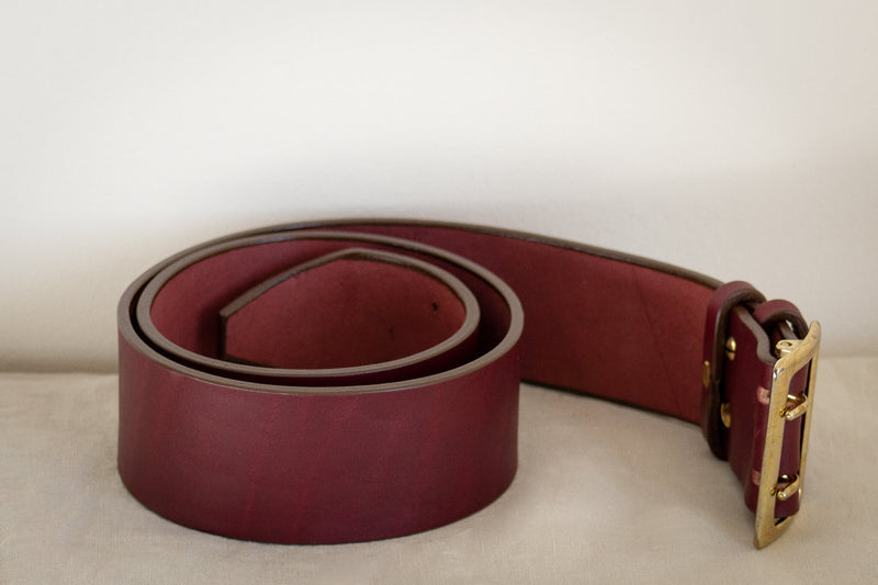 wide leather belt in red oxblood with solid brass made in canada newmarket 