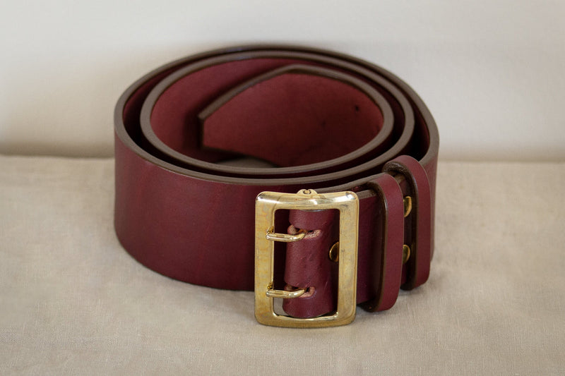 wide leather belt in red oxblood with solid brass made in canada sustainable fashion toronto