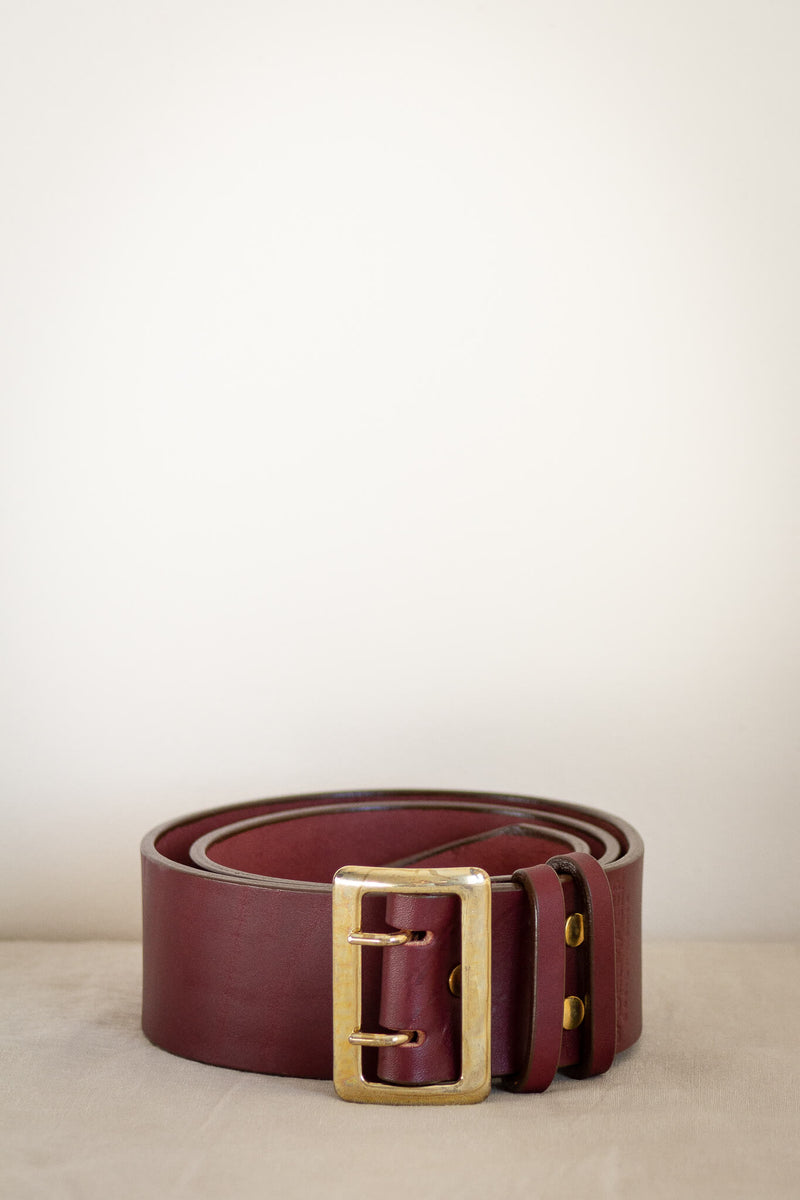 wide leather belt in red oxblood with solid brass made in canada womens and mens slow fashion