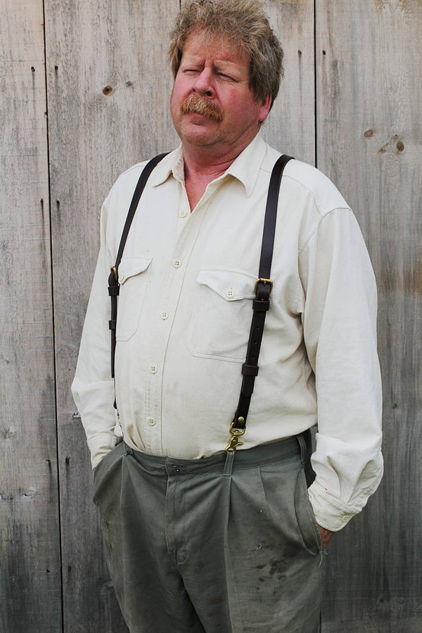 man modelling Sadelmager Leather Fjord suspenders