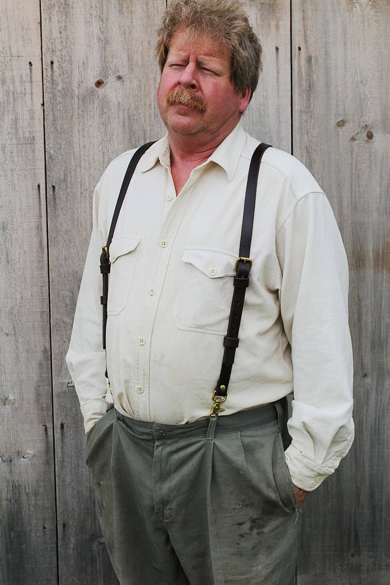 man modelling Sadelmager Leather Fjord suspenders
