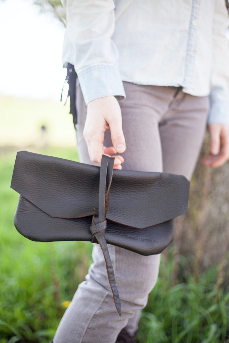  model holding welsh leather clutch in black 
